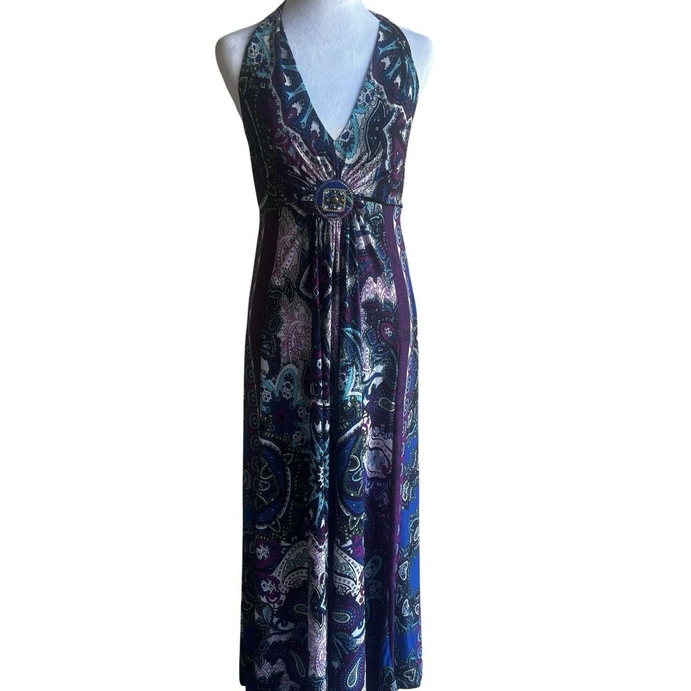 IMÁN Global Chic Paisley Halter Maxi Dress Purple Blue Jeweled Ring size M